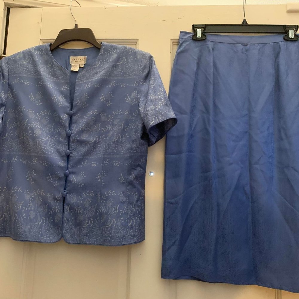 NWOT Papell Petites Blue Silk 2 Piece Skirt Suit Size 10P